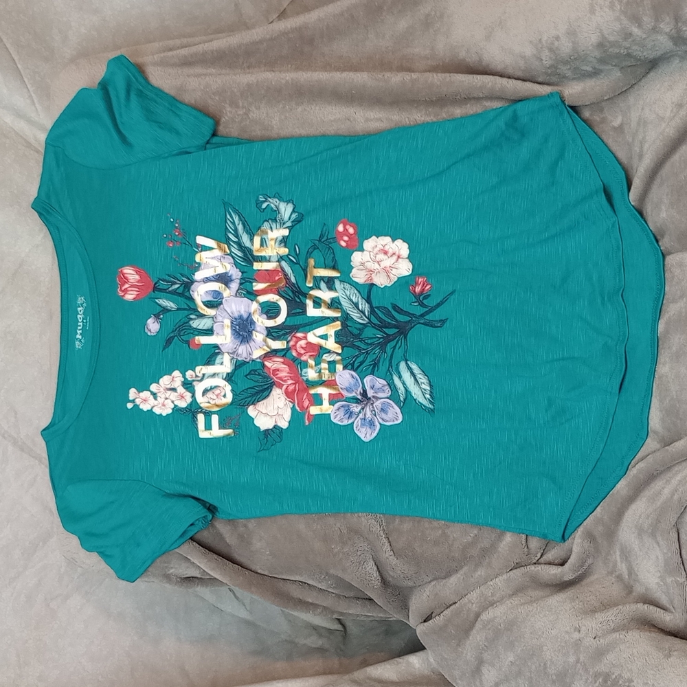 Teal t-shirt with flowers on front